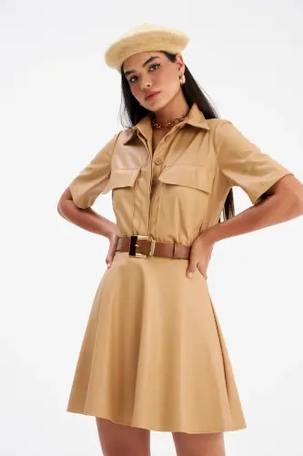 A-Line Mini Leather Skirt - Beige - 3