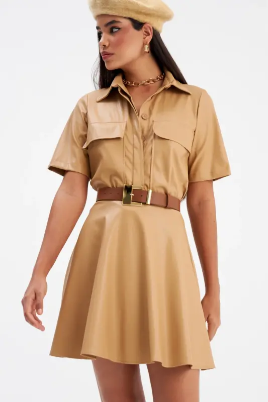 A-Line Mini Leather Skirt - Beige - 4