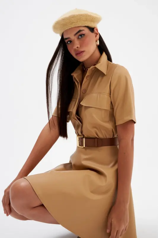 A-Line Mini Leather Skirt - Beige - 5