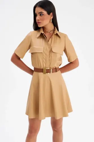 A-Line Mini Leather Skirt - Beige - 6