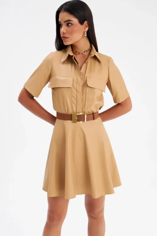 A-Line Mini Leather Skirt - Beige - 6