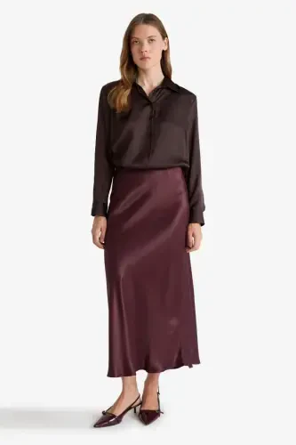 A-Line Regular Waist Satin Midi Skirt-Burgundy - 1