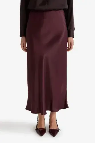 A-Line Regular Waist Satin Midi Skirt-Burgundy - 3