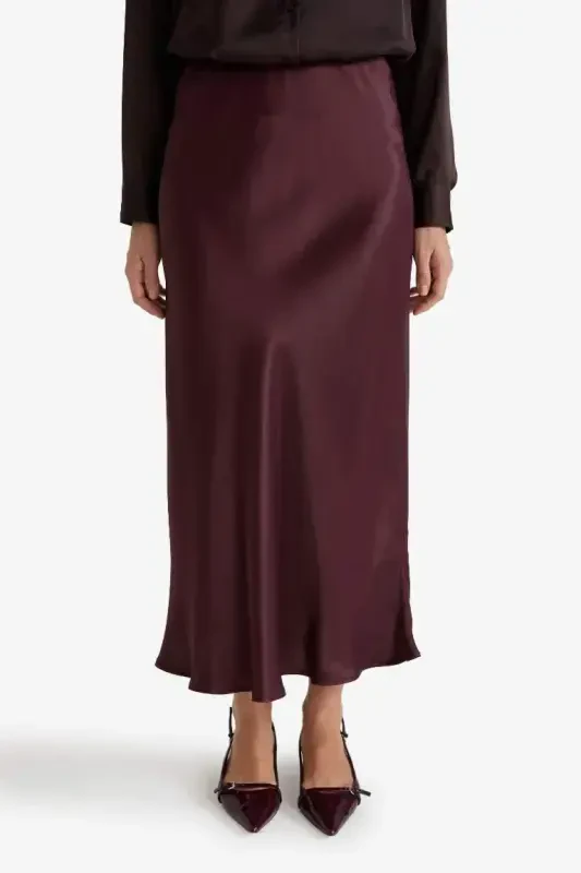 A-Line Regular Waist Satin Midi Skirt-Burgundy - 3