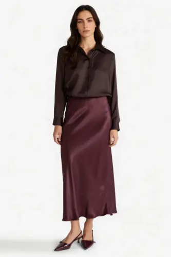 A-Line Regular Waist Satin Midi Skirt-Burgundy - 4