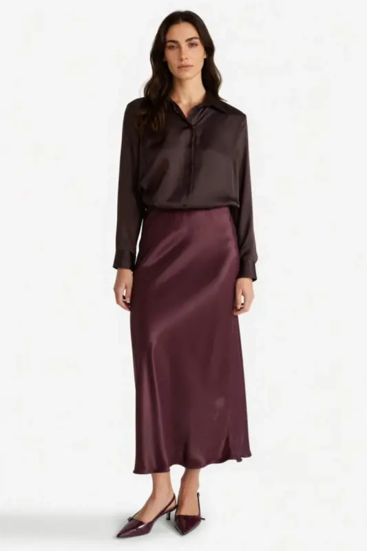 A-Line Regular Waist Satin Midi Skirt-Burgundy - 4
