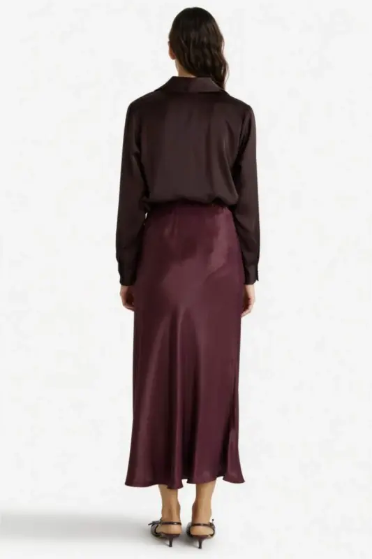 A-Line Regular Waist Satin Midi Skirt-Burgundy - 8