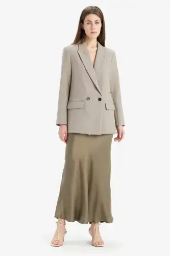 A-Line Regular Waist Satin Midi Skirt-Light Khaki 