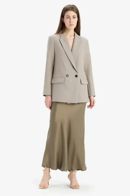 A-Line Regular Waist Satin Midi Skirt-Light Khaki - 1