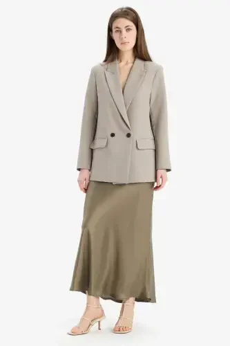 A-Line Regular Waist Satin Midi Skirt-Light Khaki - DEFACTO (1)