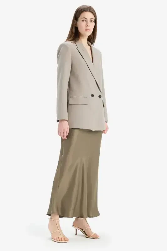 A-Line Regular Waist Satin Midi Skirt-Light Khaki - 3