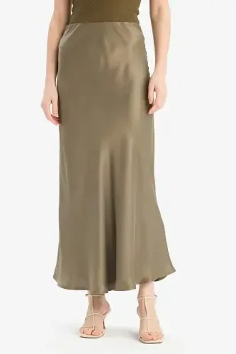 A-Line Regular Waist Satin Midi Skirt-Light Khaki - 4