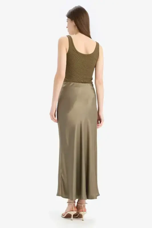 A-Line Regular Waist Satin Midi Skirt-Light Khaki - 6