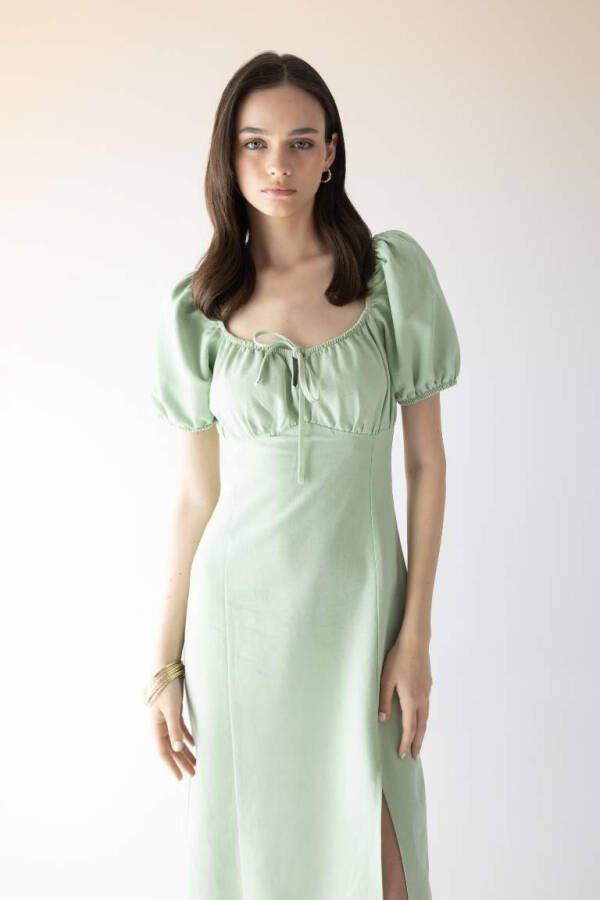 A-Line Smocked Neck Slit Linen Mini Dress in Mint - 3