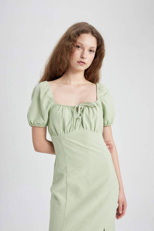 A-Line Smocked Neck Slit Linen Mini Dress in Mint - 7