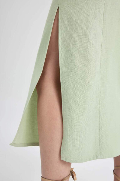 A-Line Smocked Neck Slit Linen Mini Dress in Mint - 9