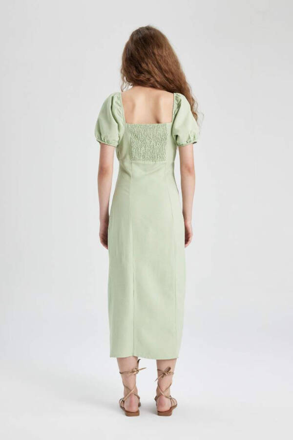 A-Line Smocked Neck Slit Linen Mini Dress in Mint - 10