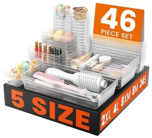 A-LuGei 【46PCS & 5Sizes】 Clear Drawer Organizer,【Hold 277 Items】 Makeup Organizer, Bathroom Organizers and Storage, Organization and Storage, Organizer Bins for Office Vanity Kitchen Tool Trays 
