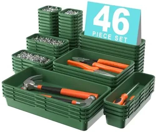 A-LuGei 【𝟰𝟲𝗣𝗖𝗦 & 5 Size】 Tool Box Organizer Tray Divider Set,【Army Green】 Desk Drawer Organizer,Garage Organization and Storage Toolbox Accessories Rolling Tool Chest Cart WorkBench Small Part - 1