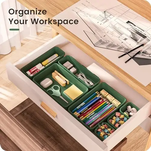 A-LuGei 【𝟰𝟲𝗣𝗖𝗦 & 5 Size】 Tool Box Organizer Tray Divider Set,【Army Green】 Desk Drawer Organizer,Garage Organization and Storage Toolbox Accessories Rolling Tool Chest Cart WorkBench Small Part - 1