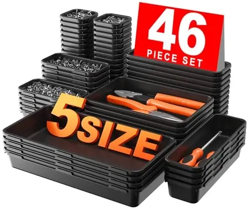 A-LUGEI【𝟰𝟲𝗣𝗖𝗦 & 5 Size】Tool Box Organizer Tray Divider Set, 【Black】 Desk Drawer Organizer, Garage Organization and Storage Toolbox Accessories Rolling Tool Chest Cart Cabinet WorkBench Small Part - A-LUGEI