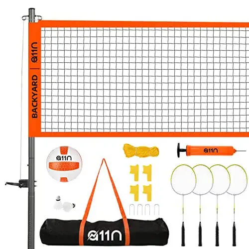 A11N Outdoor Volleyball and Badminton Combo Set - Includes Adjustable Height Anti-Sag Net, Volleyball, Air Pump, 4 Badminton Rackets, 2 Shuttlecocks, Boundary Line Marker, and Carrying Bag - 1
