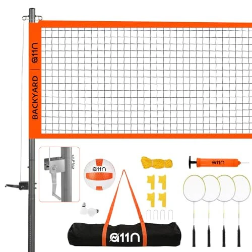 A11N Outdoor Volleyball and Badminton Combo Set - Includes Adjustable Height Anti-Sag Net, Volleyball, Air Pump, 4 Badminton Rackets, 2 Shuttlecocks, Boundary Line Marker, and Carrying Bag - 5