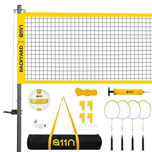A11N Outdoor Volleyball and Badminton Combo Set - Includes Adjustable Height Anti-Sag Net, Volleyball, Air Pump, 4 Badminton Rackets, 2 Shuttlecocks, Boundary Line Marker, and Carrying Bag - 1
