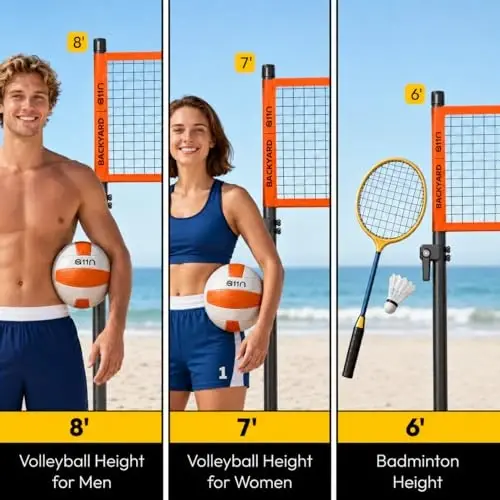 A11N Outdoor Volleyball and Badminton Combo Set - Includes Adjustable Height Anti-Sag Net, Volleyball, Air Pump, 4 Badminton Rackets, 2 Shuttlecocks, Boundary Line Marker, and Carrying Bag - 1