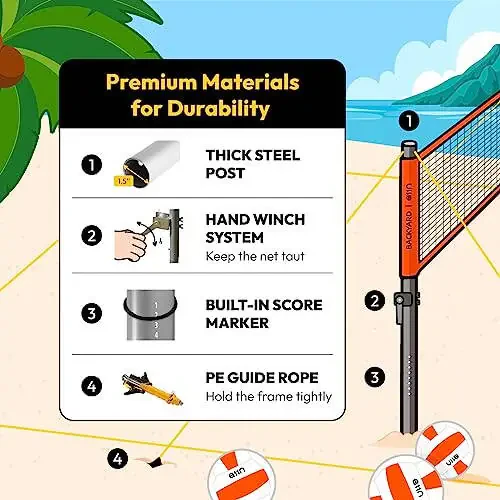 A11N Outdoor Volleyball and Badminton Combo Set - Includes Adjustable Height Anti-Sag Net, Volleyball, Air Pump, 4 Badminton Rackets, 2 Shuttlecocks, Boundary Line Marker, and Carrying Bag - 4