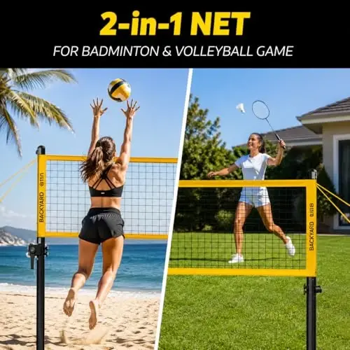 A11N Outdoor Volleyball and Badminton Combo Set - Includes Adjustable Height Anti-Sag Net, Volleyball, Air Pump, 4 Badminton Rackets, 2 Shuttlecocks, Boundary Line Marker, and Carrying Bag - 2