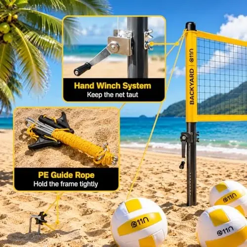 A11N Outdoor Volleyball and Badminton Combo Set - Includes Adjustable Height Anti-Sag Net, Volleyball, Air Pump, 4 Badminton Rackets, 2 Shuttlecocks, Boundary Line Marker, and Carrying Bag - 4