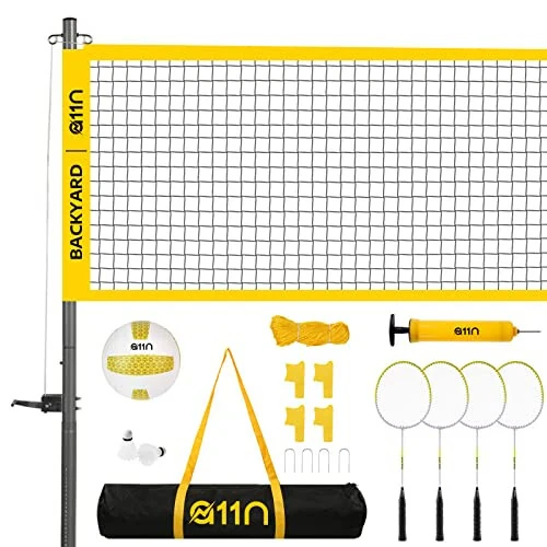 A11N Outdoor Volleyball and Badminton Combo Set - Includes Adjustable Height Anti-Sag Net, Volleyball, Air Pump, 4 Badminton Rackets, 2 Shuttlecocks, Boundary Line Marker, and Carrying Bag - 1