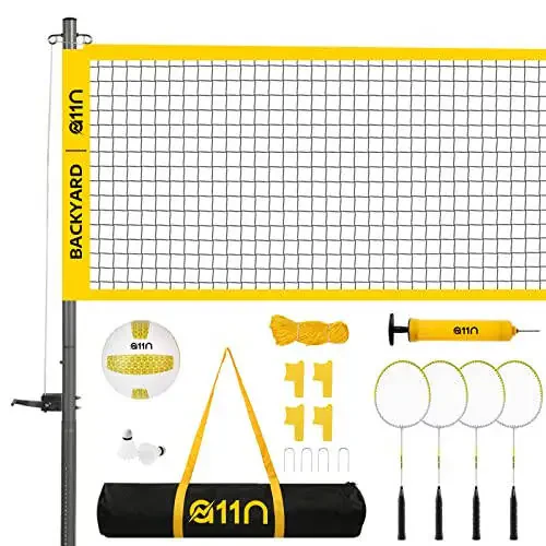 A11N Outdoor Volleyball and Badminton Combo Set - Includes Adjustable Height Anti-Sag Net, Volleyball, Air Pump, 4 Badminton Rackets, 2 Shuttlecocks, Boundary Line Marker, and Carrying Bag - 1