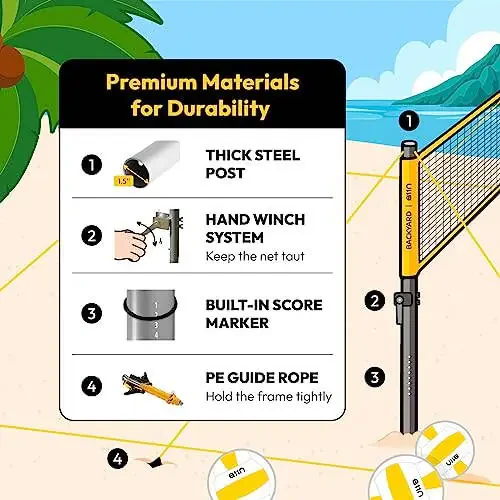 A11N Outdoor Volleyball and Badminton Combo Set - Includes Adjustable Height Anti-Sag Net, Volleyball, Air Pump, 4 Badminton Rackets, 2 Shuttlecocks, Boundary Line Marker, and Carrying Bag - 7