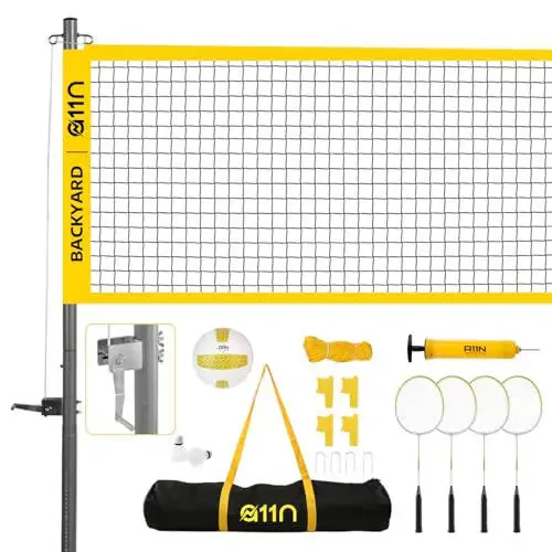 A11N Outdoor Volleyball and Badminton Combo Set - Includes Adjustable Height Anti-Sag Net, Volleyball, Air Pump, 4 Badminton Rackets, 2 Shuttlecocks, Boundary Line Marker, and Carrying Bag - 4