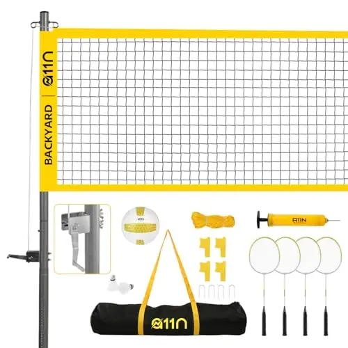 A11N Outdoor Volleyball and Badminton Combo Set - Includes Adjustable Height Anti-Sag Net, Volleyball, Air Pump, 4 Badminton Rackets, 2 Shuttlecocks, Boundary Line Marker, and Carrying Bag - 3