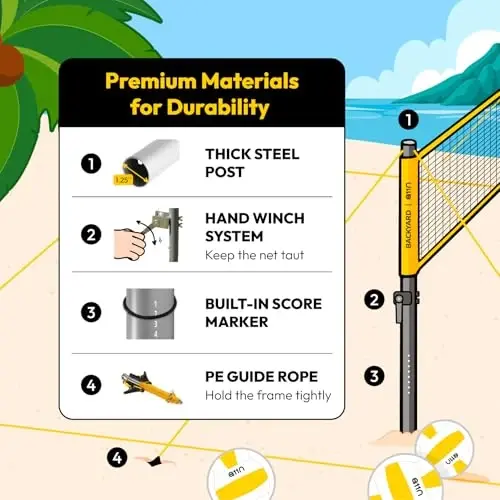 A11N Outdoor Volleyball and Badminton Combo Set - Includes Adjustable Height Anti-Sag Net, Volleyball, Air Pump, 4 Badminton Rackets, 2 Shuttlecocks, Boundary Line Marker, and Carrying Bag - 5