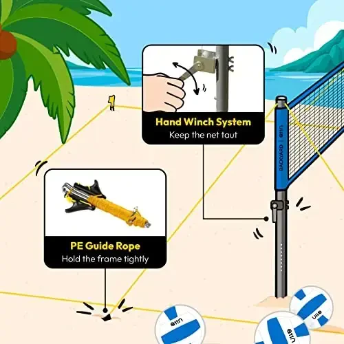 A11N Outdoor Volleyball and Badminton Combo Set - Includes Adjustable Height Anti-Sag Net, Volleyball, Air Pump, 4 Badminton Rackets, 2 Shuttlecocks, Boundary Line Marker, and Carrying Bag - 4