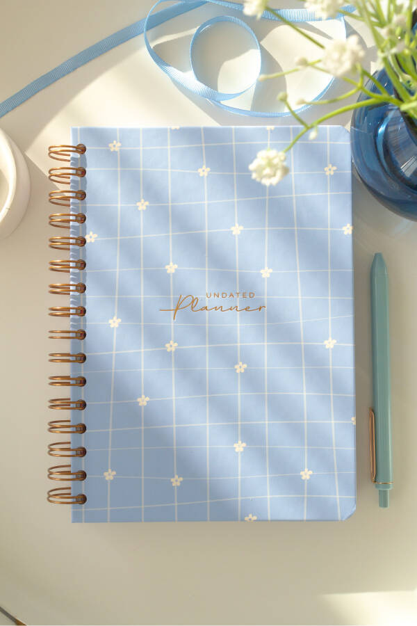 A5 Spiral Bound Perpetual Planner Agenda with Motivation Pages Blue Daisy - 1