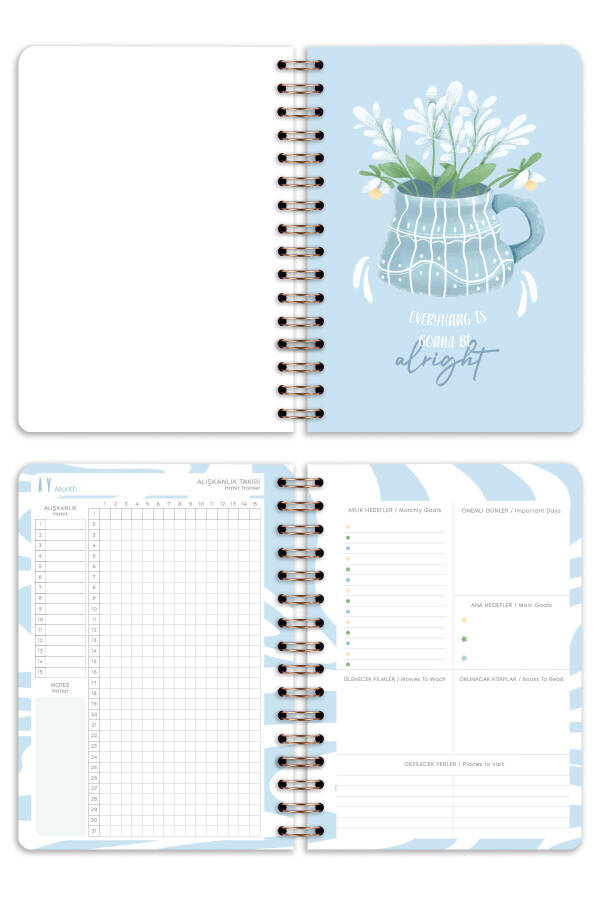 A5 Spiral Bound Perpetual Planner Agenda with Motivation Pages Blue Daisy - 7