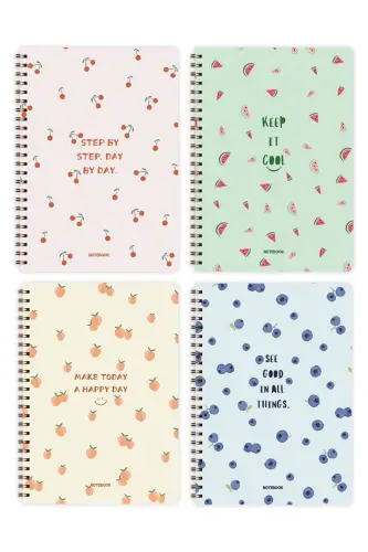 A5 Spiral Notebook 80 Sheets 4-Pack - Squared Fruits-Colorful - 4