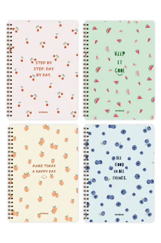 A5 Spiral Notebook 80 Sheets 4-Pack - Squared Fruits-Colorful - 4