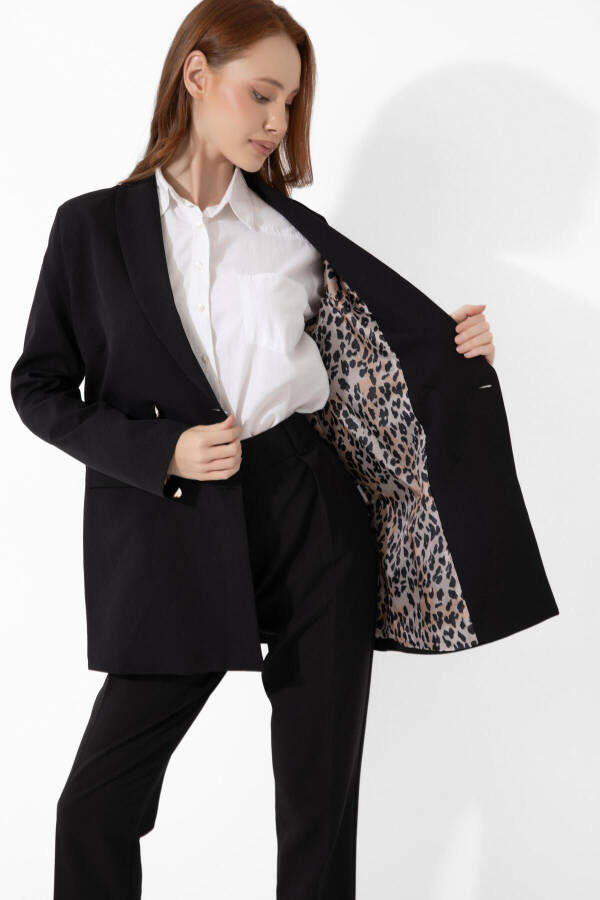 A&B FASHION DESIGN Mısra Leopard Detail Black Blazer Jacket - 2