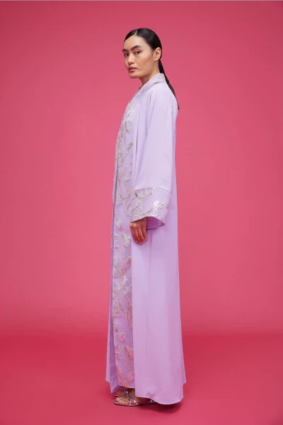 Абайя из Брокада с Вышивкой Лиловый & Шаль - 9