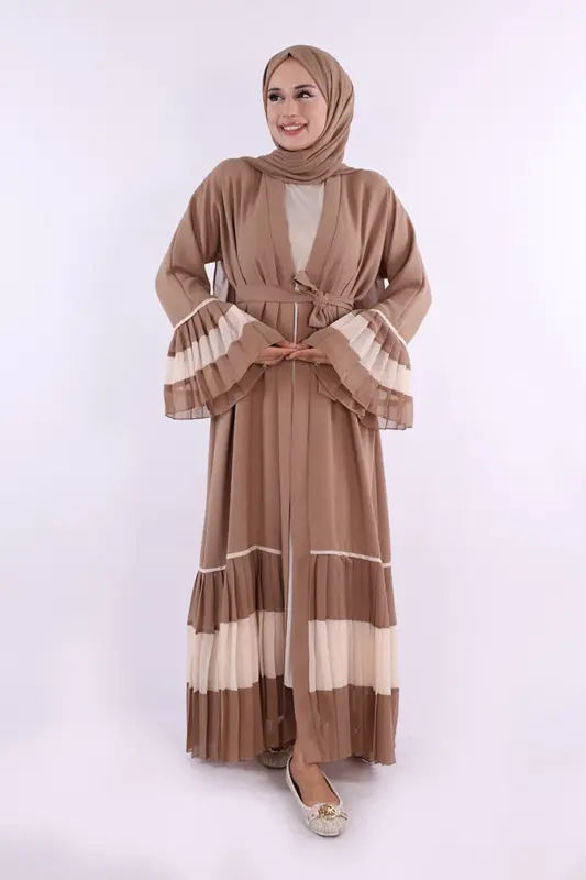 Абайя плиссированная с поясом двух цветов, рукава и подол 7454 Визон - BYM FASHION