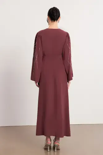 Абайя с каменной отделкой на рукавах - розовая роза-розовая роза - 4