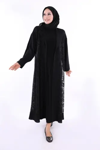 Абайя с воротником и кружевной отделкой 7830 Черный - BYM FASHION (1)