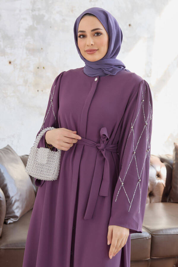 Abaya with Stone Embroidered Sleeves - Lilac - 3