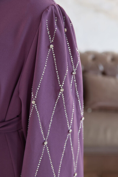 Abaya with Stone Embroidered Sleeves - Lilac - 4